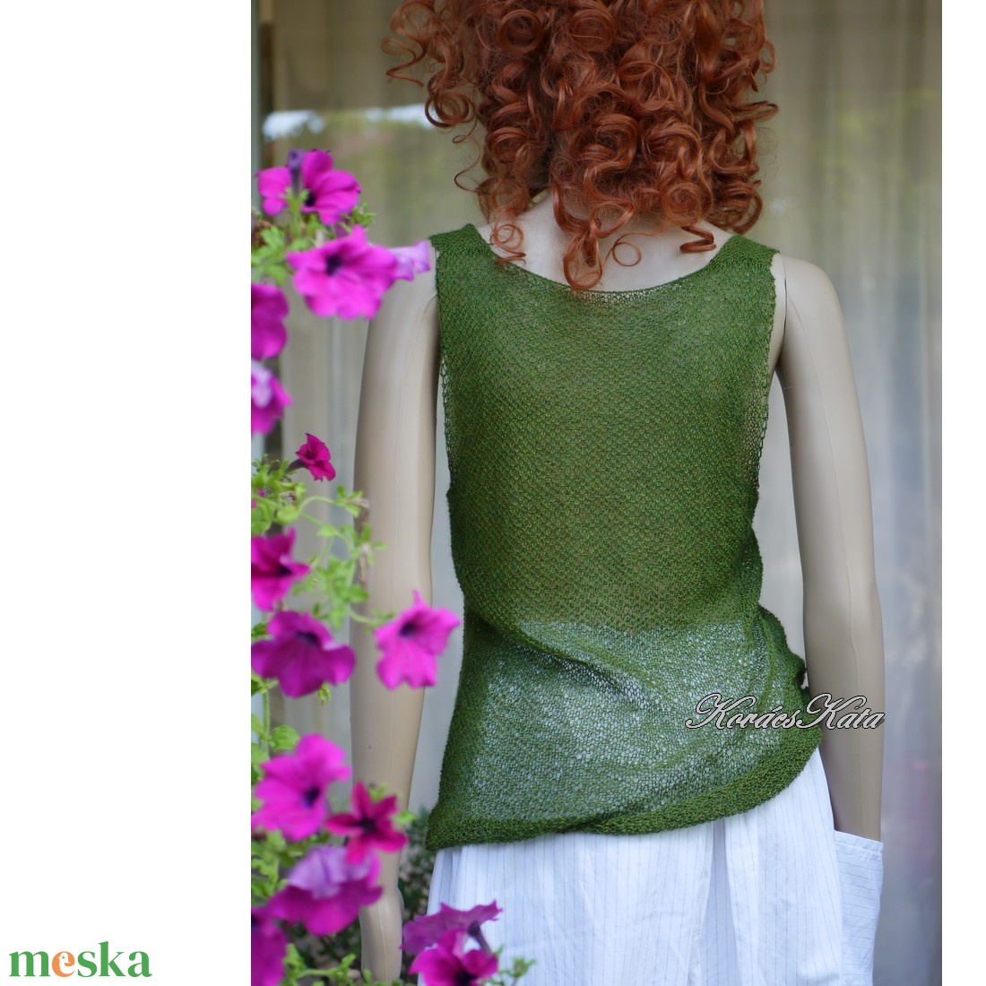 CSIPKE TOP - exkluzív babyalpaka-silk lace kézzel kötött felső, ujjatlan pulóver / olív - ruha & divat - női ruha - pulóver - Meska.hu