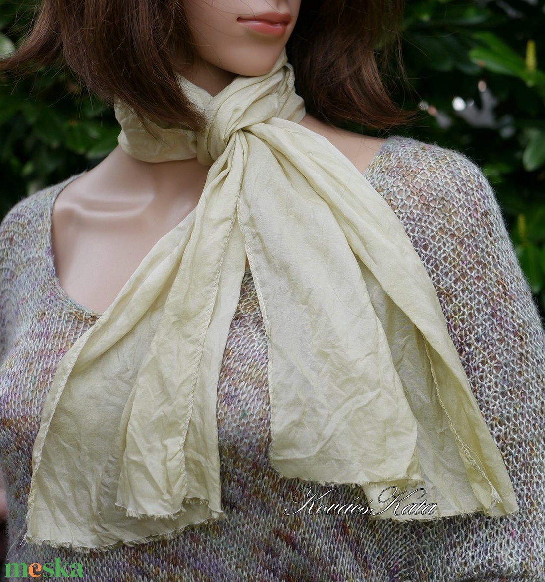 HABOTAI SELYEMSÁL - batikolt 100% hernyóselyem sál / pasztell zöldessárga - ruha & divat - sál, sapka, kendő - kendő - Meska.hu