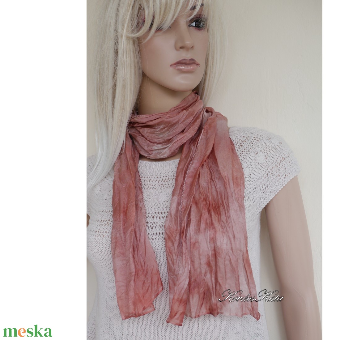 PONGE SELYEMSÁL - batikolt, gyűrt 100% hernyóselyem sál / terra ombre - ruha & divat - sál, sapka, kendő - kendő - Meska.hu