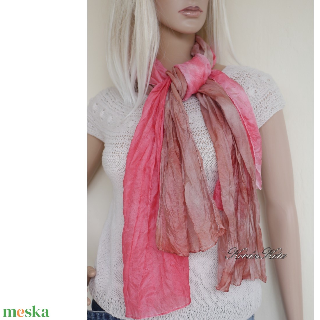 PONGE SELYEMSÁL - batikolt, gyűrt 100% hernyóselyem sál / terra ombre - ruha & divat - sál, sapka, kendő - kendő - Meska.hu