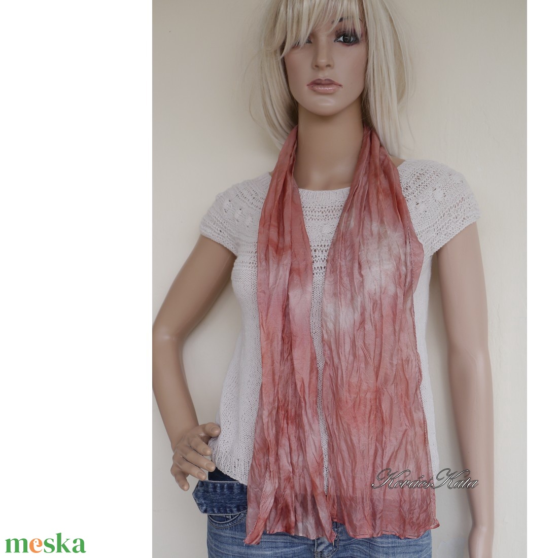 PONGE SELYEMSÁL - batikolt, gyűrt 100% hernyóselyem sál / terra ombre - ruha & divat - sál, sapka, kendő - kendő - Meska.hu