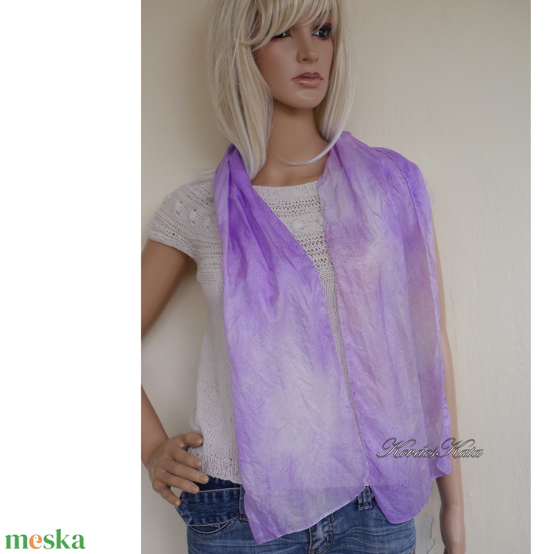 PONGE SELYEMSÁL - batikolt, gyűrt 100% hernyóselyem sál / orgona - ruha & divat - sál, sapka, kendő - kendő - Meska.hu