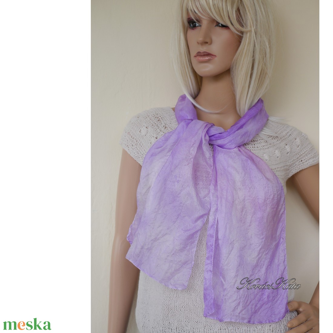 PONGE SELYEMSÁL - batikolt, gyűrt 100% hernyóselyem sál / orgona - ruha & divat - sál, sapka, kendő - kendő - Meska.hu