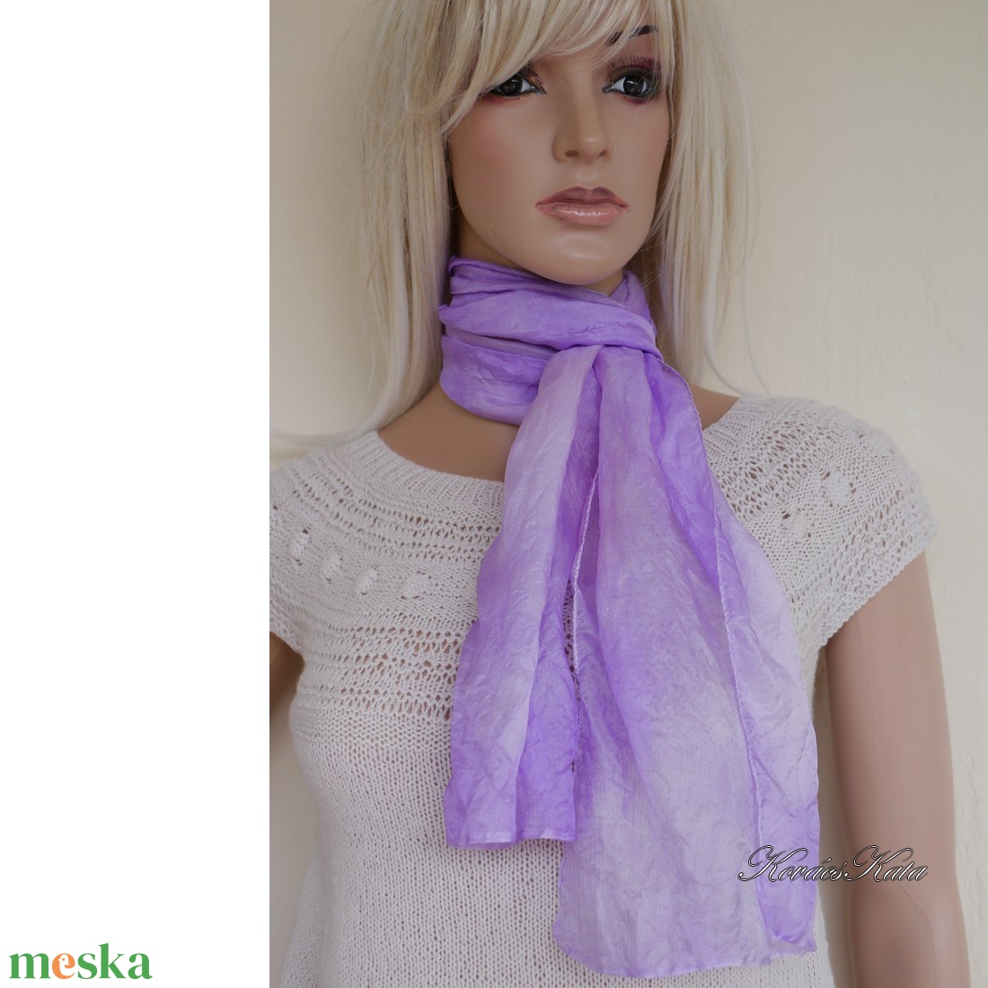 PONGE SELYEMSÁL - batikolt, gyűrt 100% hernyóselyem sál / orgona - ruha & divat - sál, sapka, kendő - kendő - Meska.hu