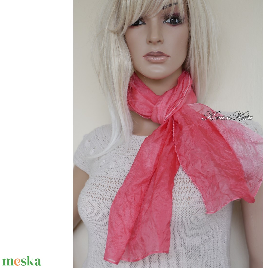 PONGE SELYEMSÁL - batikolt, gyűrt 100% hernyóselyem sál / korall - ruha & divat - sál, sapka, kendő - kendő - Meska.hu