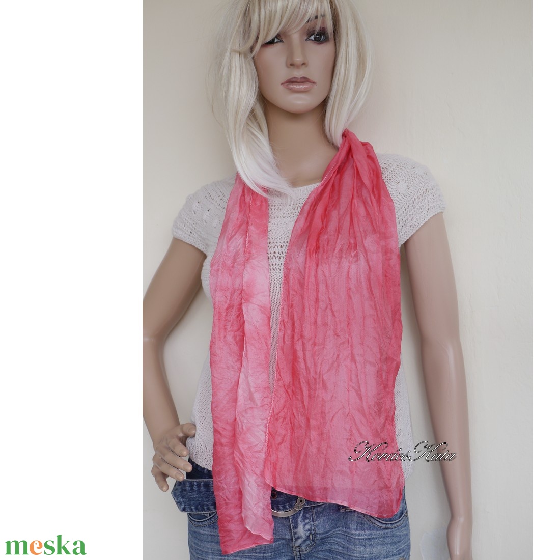 PONGE SELYEMSÁL - batikolt, gyűrt 100% hernyóselyem sál / korall - ruha & divat - sál, sapka, kendő - kendő - Meska.hu