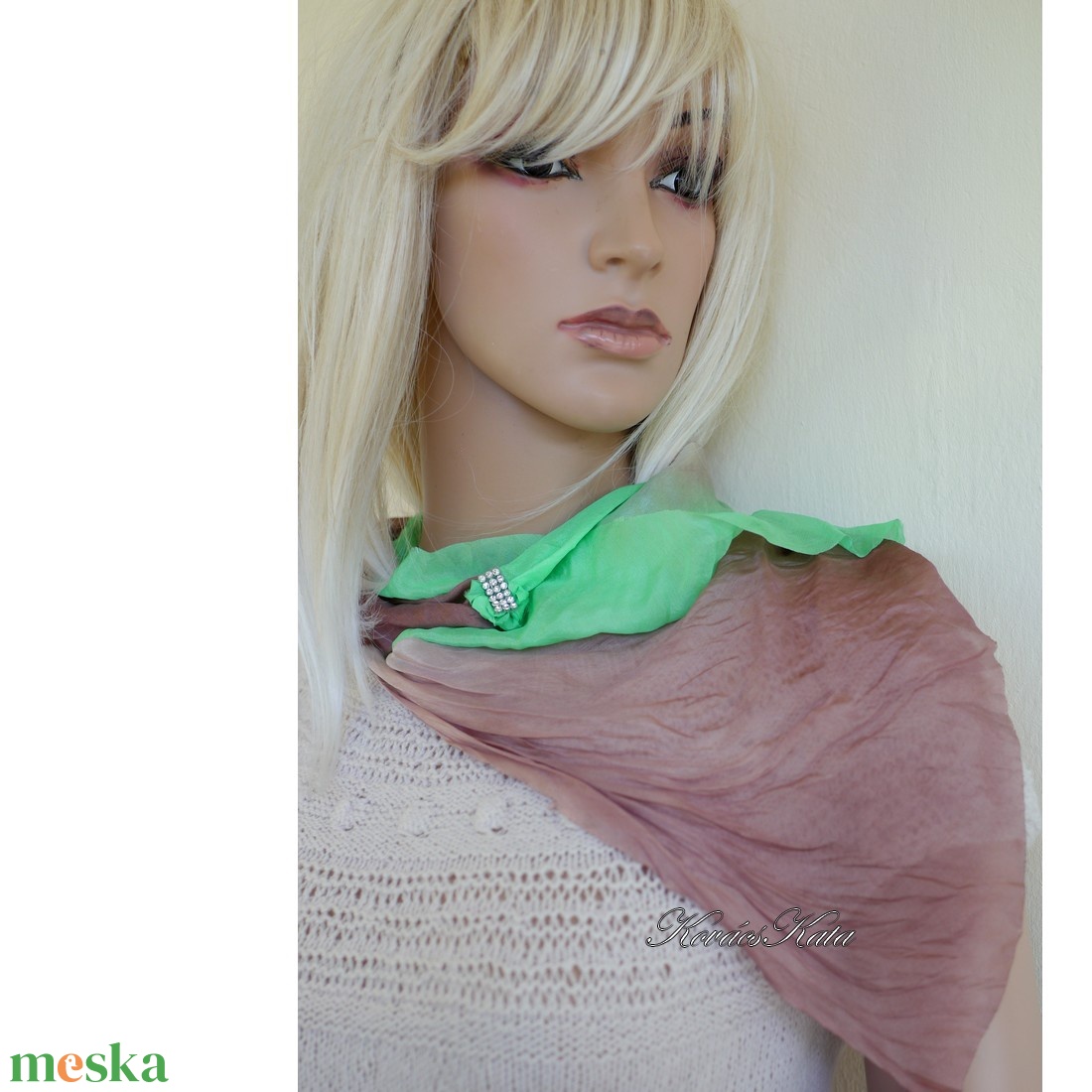 BOHO PONGE KENDŐ - batikolt 100% hernyóselyem ékszer-kendő / barna, zöld - ruha & divat - sál, sapka, kendő - kendő - Meska.hu