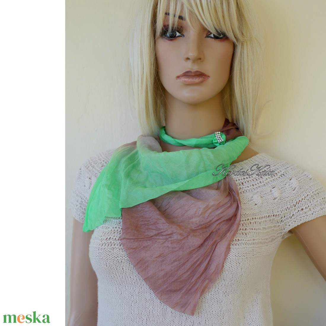 BOHO PONGE KENDŐ - batikolt 100% hernyóselyem ékszer-kendő / barna, zöld - ruha & divat - sál, sapka, kendő - kendő - Meska.hu