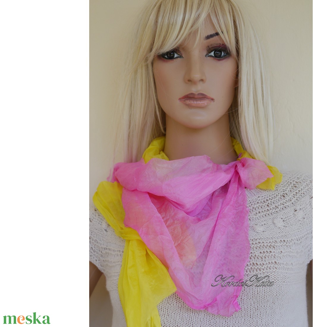 TWEENS PONGE KENDŐ - batikolt 100% hernyóselyem kendő-pár / citrom és ciklámen - ruha & divat - sál, sapka, kendő - kendő - Meska.hu