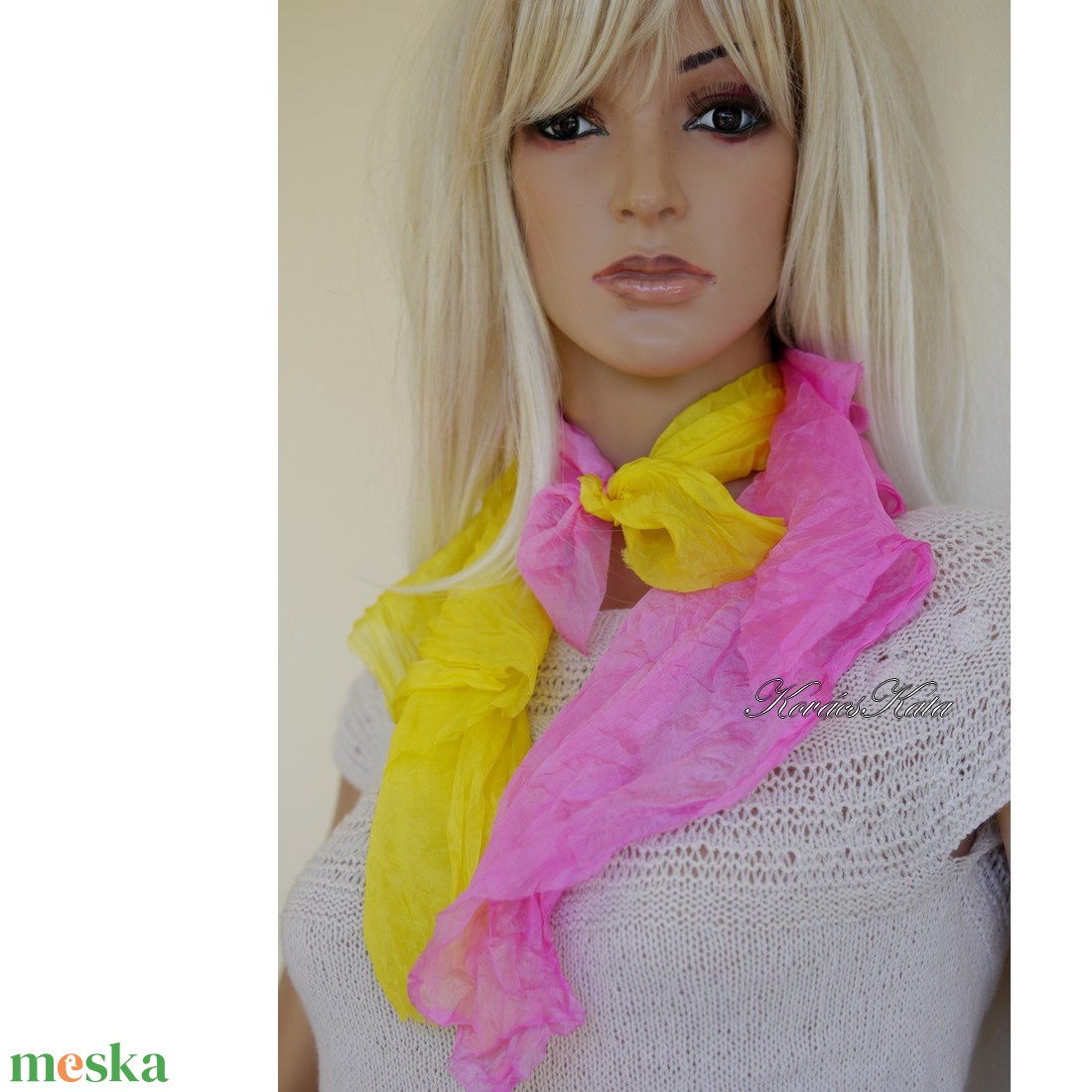 TWEENS PONGE KENDŐ - batikolt 100% hernyóselyem kendő-pár / citrom és ciklámen - ruha & divat - sál, sapka, kendő - kendő - Meska.hu