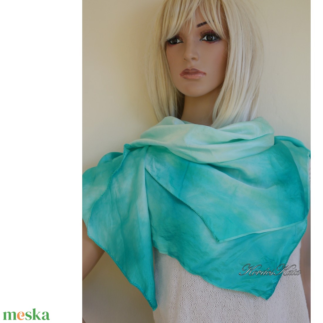 SATEN SELYEMKENDŐ - exkluzív 100% hernyóselyem batikolt kendő / bright aqua - ruha & divat - sál, sapka, kendő - kendő - Meska.hu