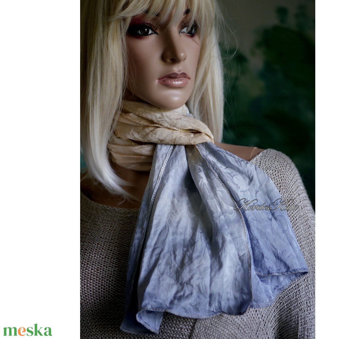 TULIPÁNOS SELYEMSÁL - exkluzív jacquard 100% hernyóselyem batikolt sál / kék, barack - ruha & divat - sál, sapka, kendő - sál - Meska.hu