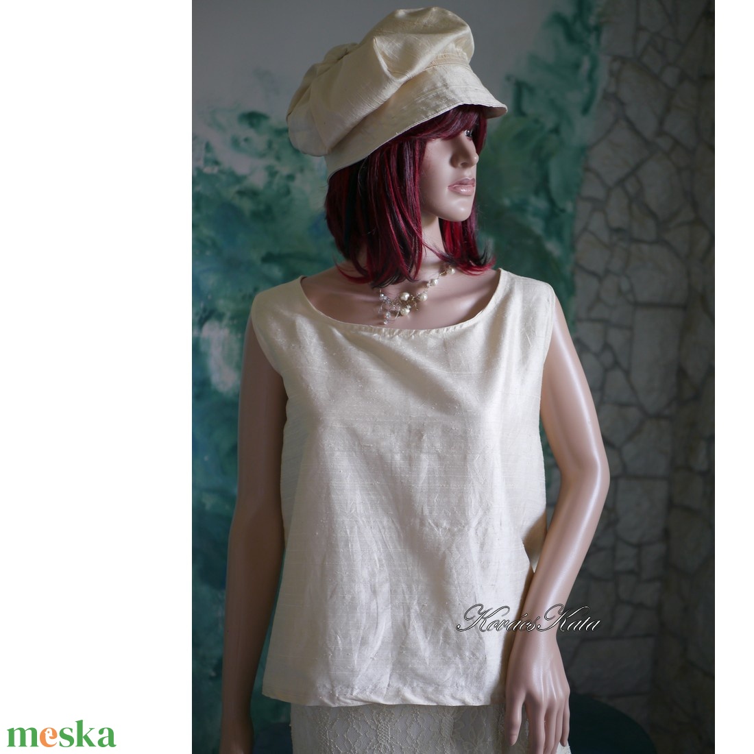 KITTY LUX - exkluzív 100% hernyóselyem sanzsán shantung felső, selyemtop / vaj - ruha & divat - női ruha - blúz - Meska.hu