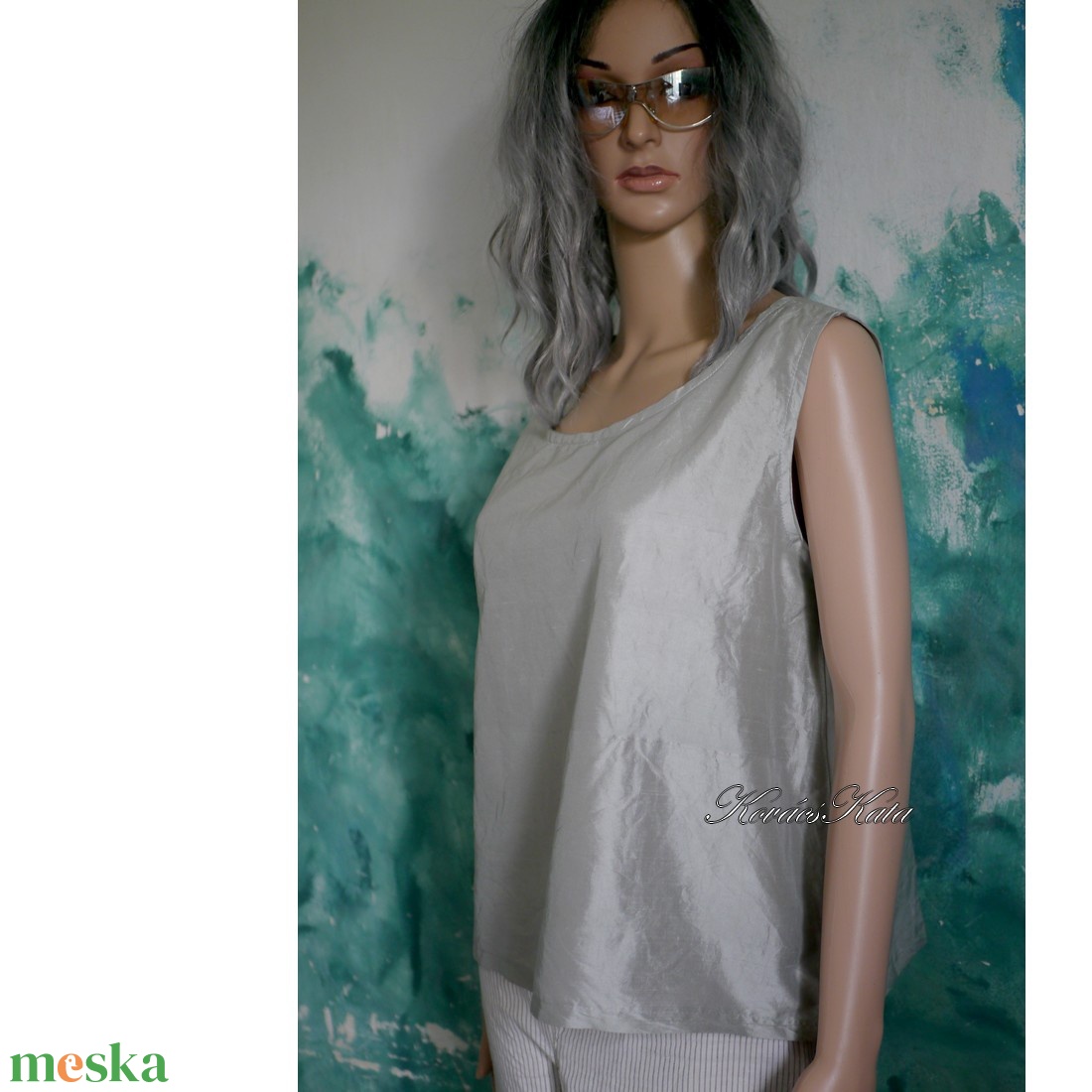 KITTY LUX - exkluzív 100% hernyóselyem sanzsán shantung felső, selyemtop / ezüst - ruha & divat - női ruha - blúz - Meska.hu