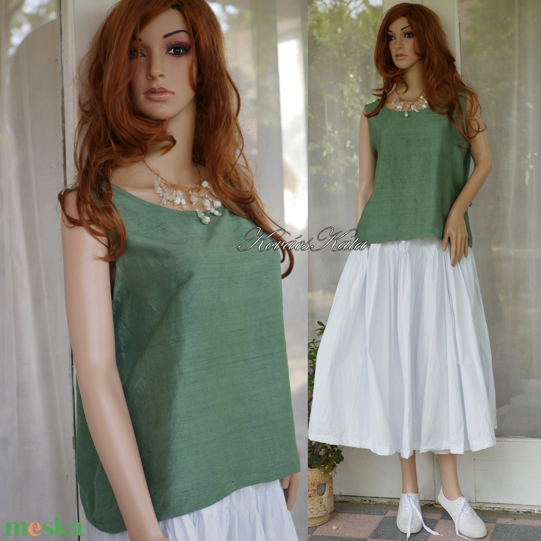 KITTY LUX - exkluzív 100% hernyóselyem sanzsán shantung felső, selyemtop / zöld - ruha & divat - női ruha - blúz - Meska.hu