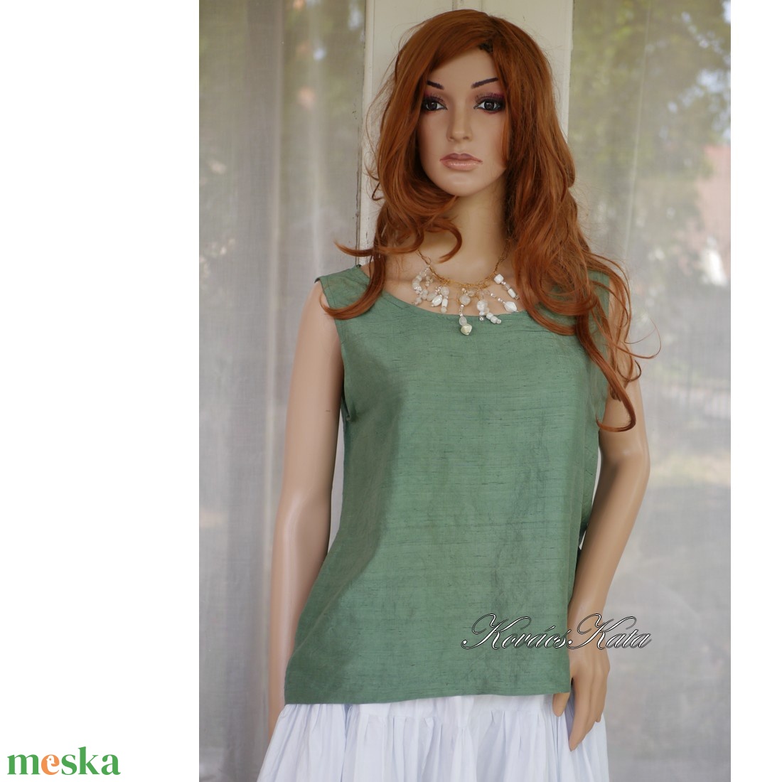 KITTY LUX - exkluzív 100% hernyóselyem sanzsán shantung felső, selyemtop / zöld - ruha & divat - női ruha - blúz - Meska.hu