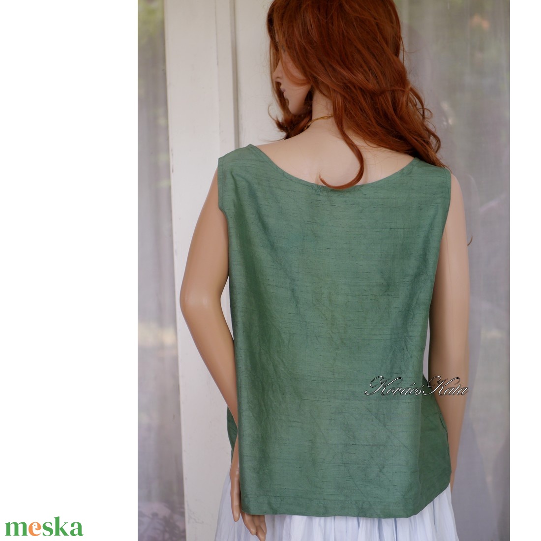KITTY LUX - exkluzív 100% hernyóselyem sanzsán shantung felső, selyemtop / zöld - ruha & divat - női ruha - blúz - Meska.hu