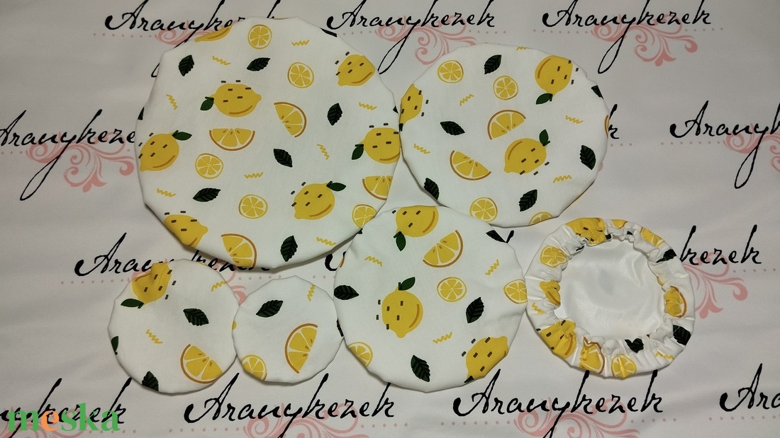 Citrom mintás- edénysapka szett 6db-os - otthon & életmód - konyhafelszerelés, tálalás - konyhai textil - edényfogó & edényfedő - Meska.hu