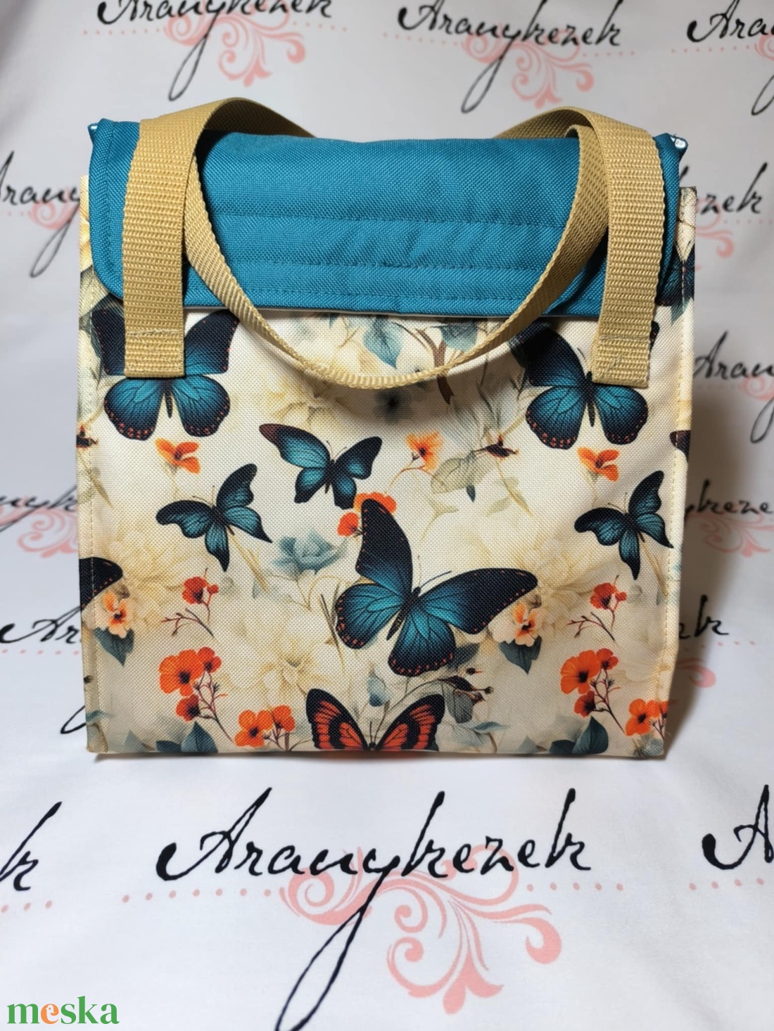 Pillangós ebédhordó táska, nagy méretű, vízálló anyagból PUL béléssel - táska & tok - uzsonna- & ebéd tartó - ebéd tasak, doboz - Meska.hu