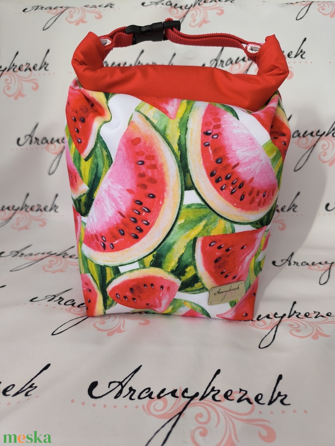 Görögdinnye mintás-Vízálló uzsonnás tasak kézben vihető-PUL béléssel-Vállon is viheted egy megvásárolható pánttal - táska & tok - uzsonna- & ebéd tartó - ebéd tasak, doboz - Meska.hu