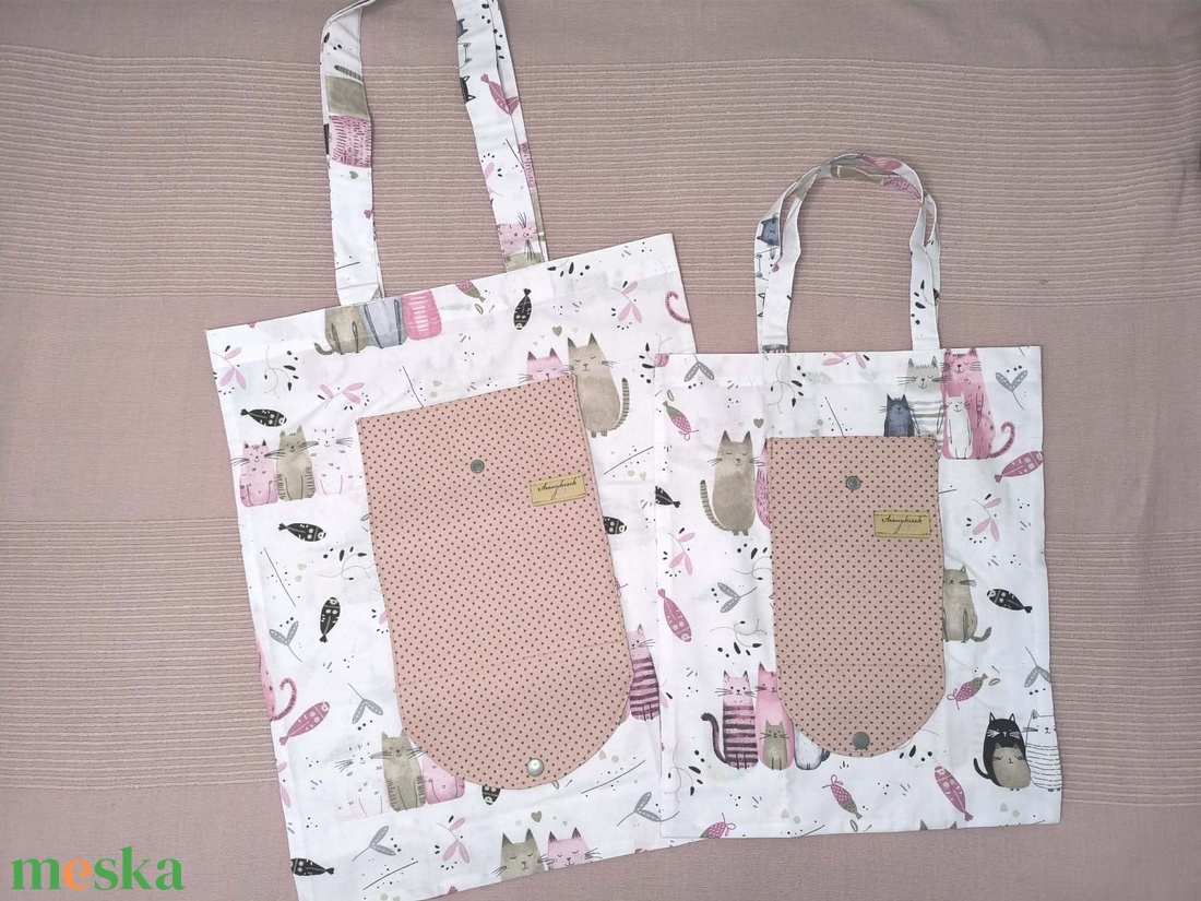 Anya-Lánya vászon szatyor cicás mintával . Összecsomagolható pénztárca formára. - táska & tok - bevásárlás & shopper táska - shopper, textiltáska, szatyor - Meska.hu