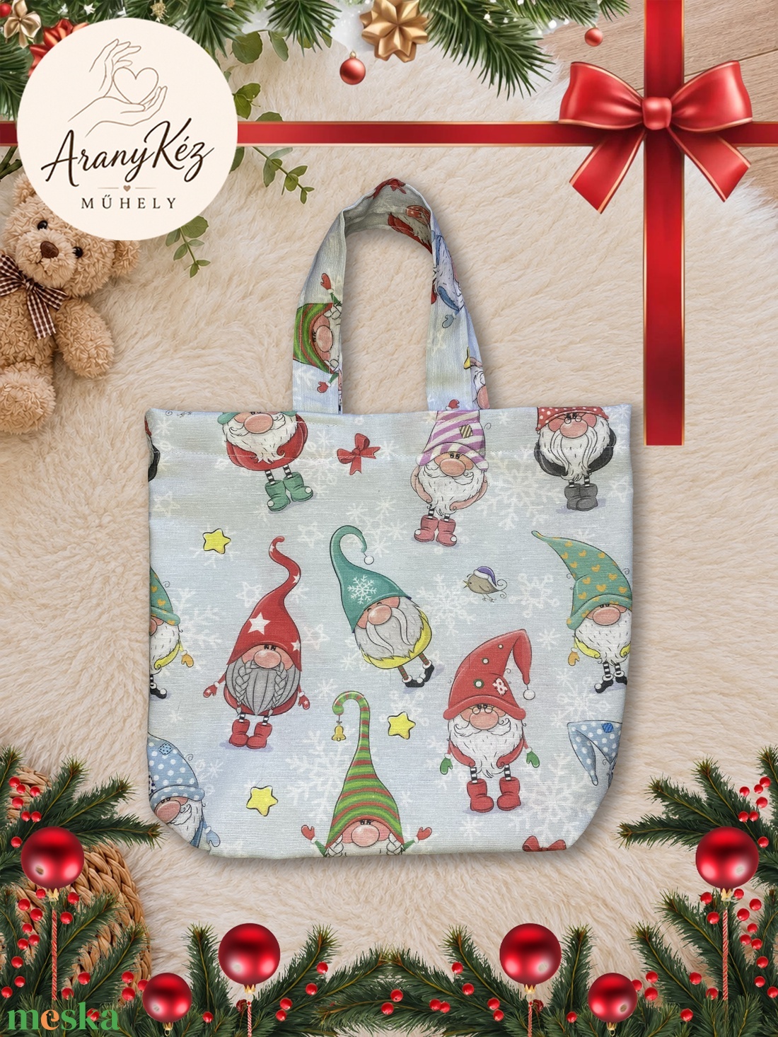 Karácsonyi manós vászontáska � dupla anyagú - táska & tok - bevásárlás & shopper táska - shopper, textiltáska, szatyor - Meska.hu