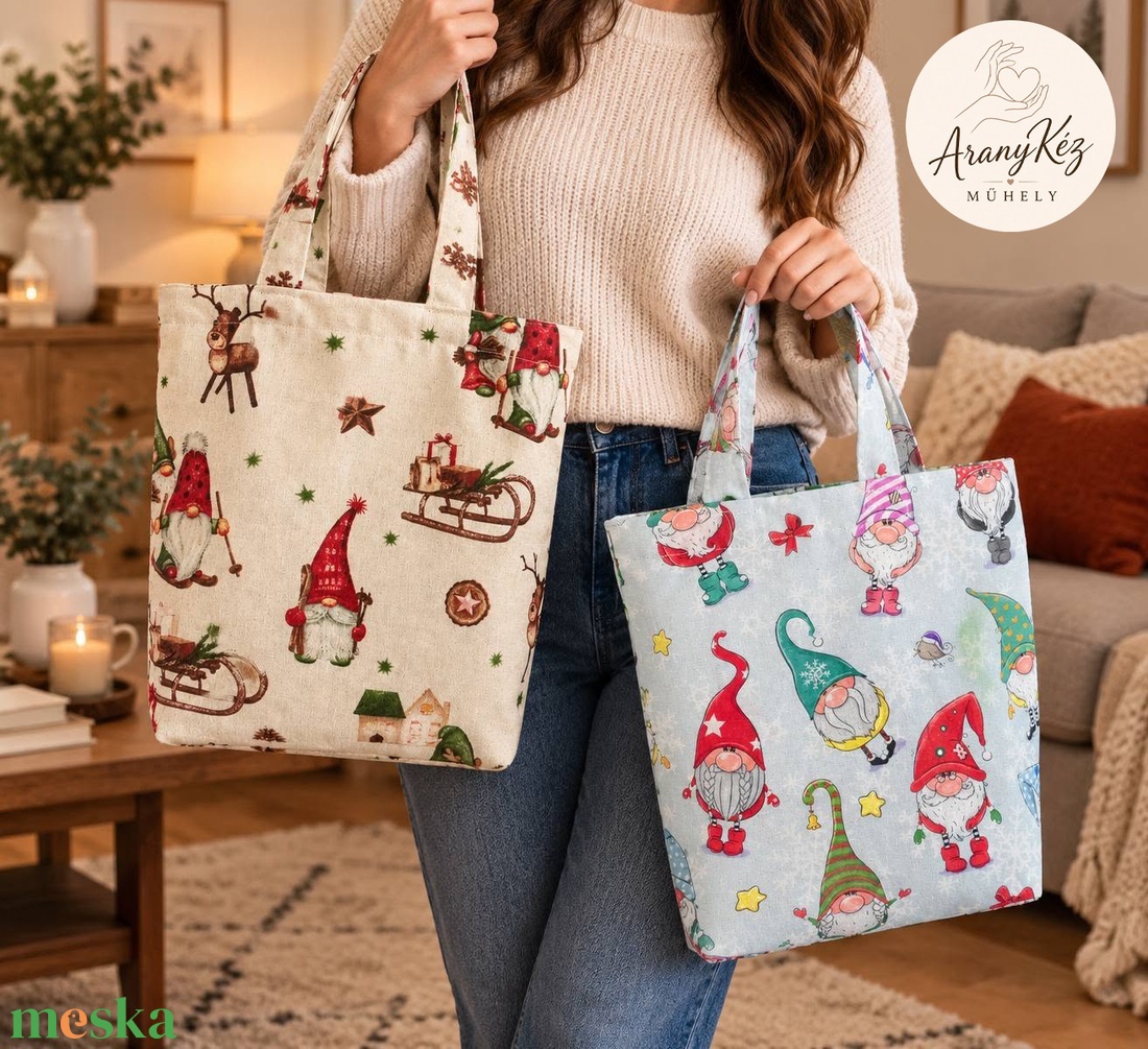 Karácsonyi manós vászontáska � dupla anyagú - táska & tok - bevásárlás & shopper táska - shopper, textiltáska, szatyor - Meska.hu