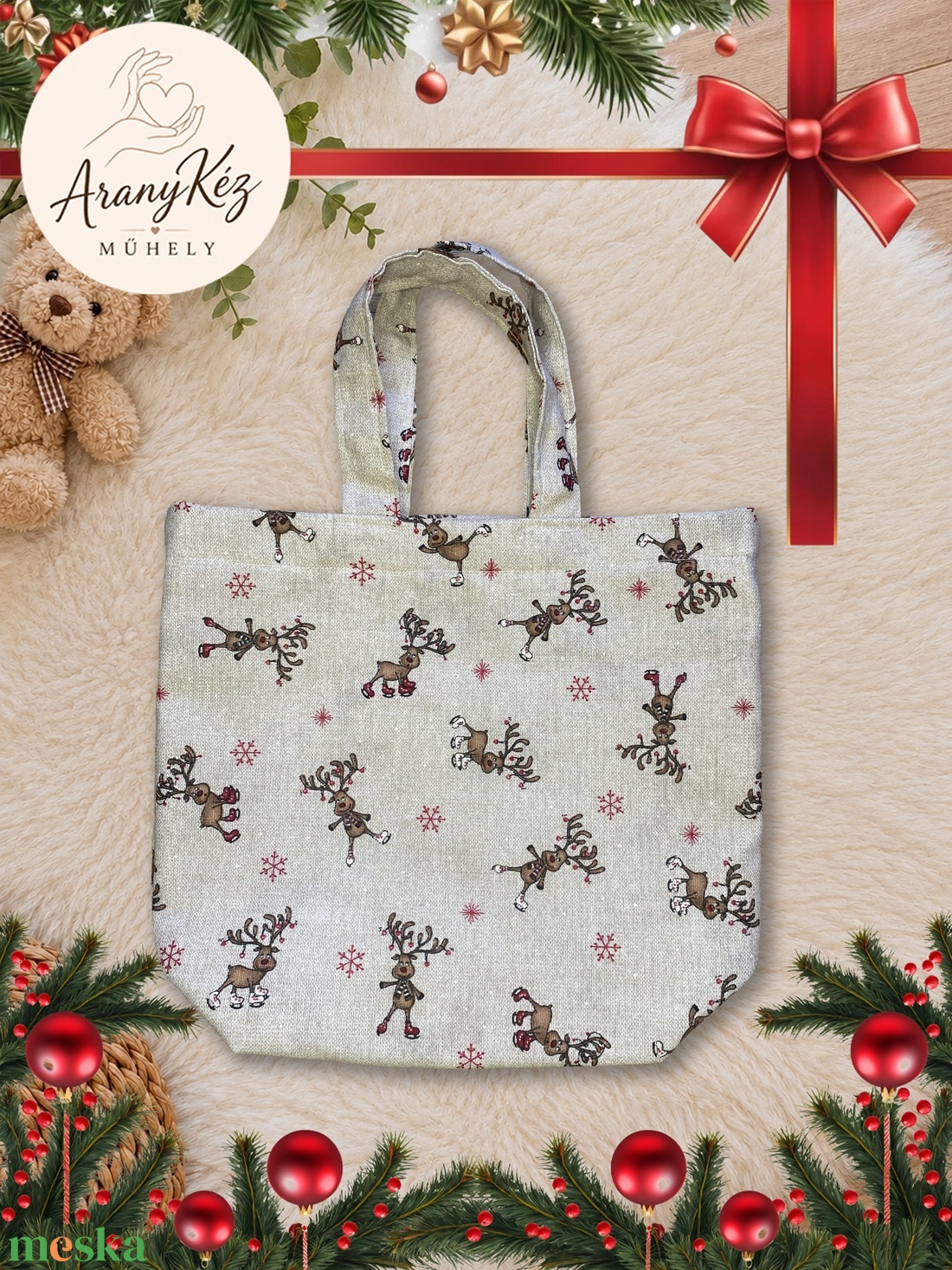 Karácsonyi rénszarvasos vászontáska � dupla anyagú - táska & tok - bevásárlás & shopper táska - shopper, textiltáska, szatyor - Meska.hu