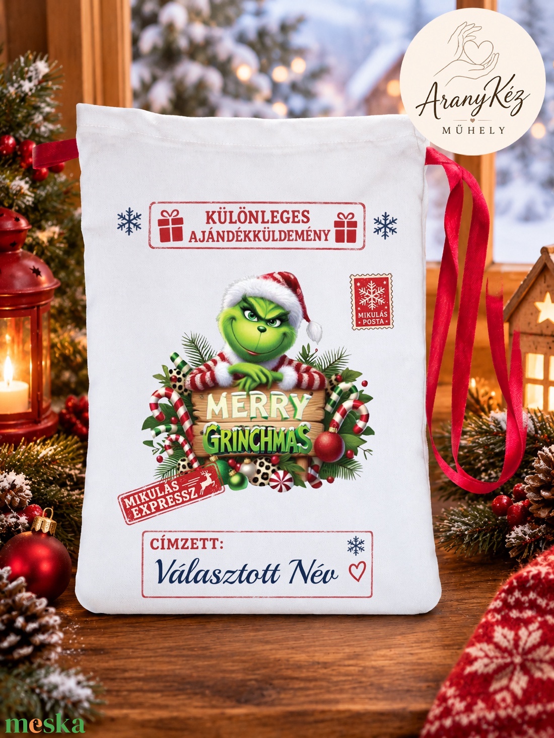 Névre szóló Mikulás zsák, Grinch - karácsony - mikulás - mikulás zsák - Meska.hu