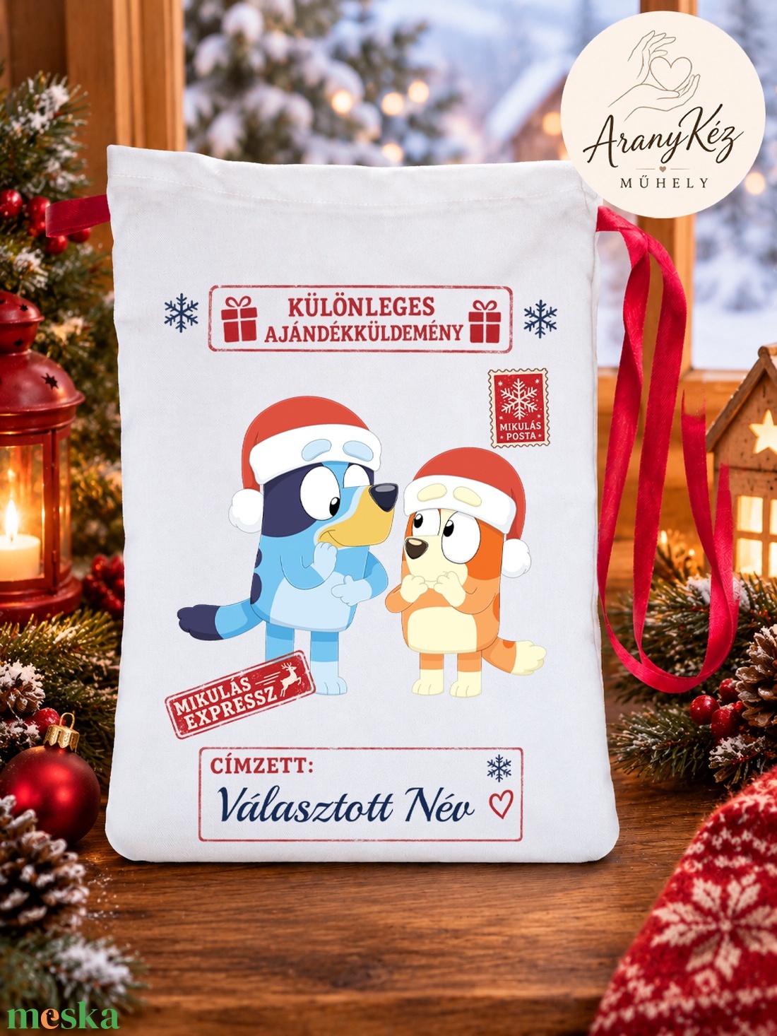 Névre szóló Mikulás zsák, Bluey és Bingo - karácsony - mikulás - mikulás zsák - Meska.hu