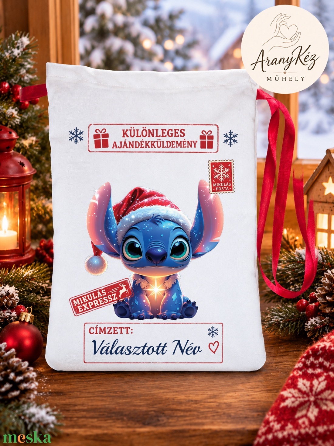 Névre szóló Mikulás zsák, Stitch - karácsony - mikulás - mikulás zsák - Meska.hu