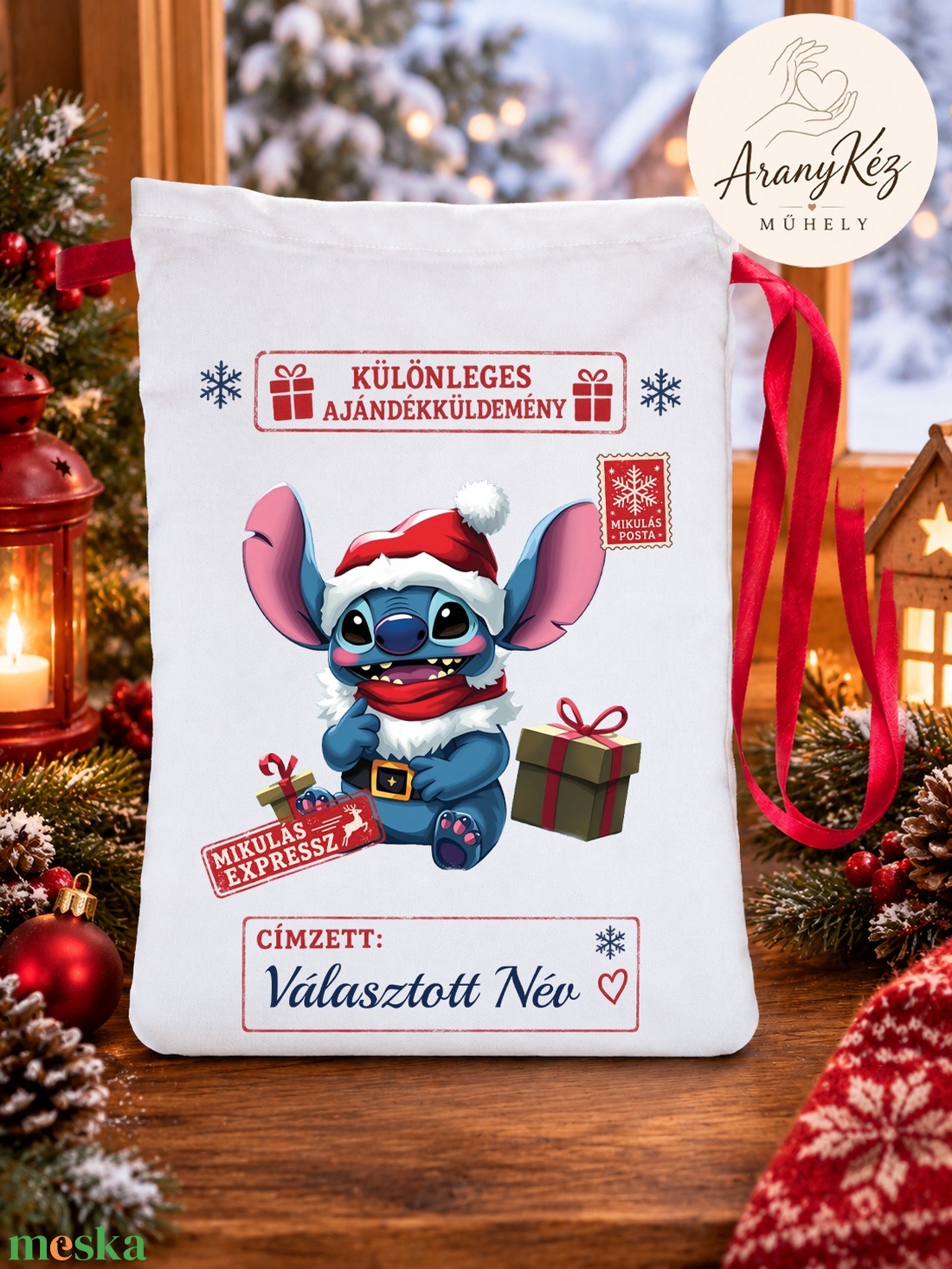 Névre szóló Mikulás zsák, Stitch - karácsony - mikulás - mikulás zsák - Meska.hu