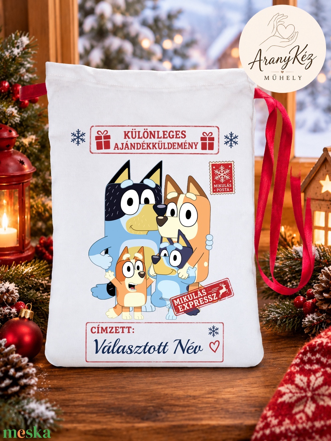 Névre szóló Mikulás zsák, Bluey és Bingo - karácsony - mikulás - mikulás zsák - Meska.hu