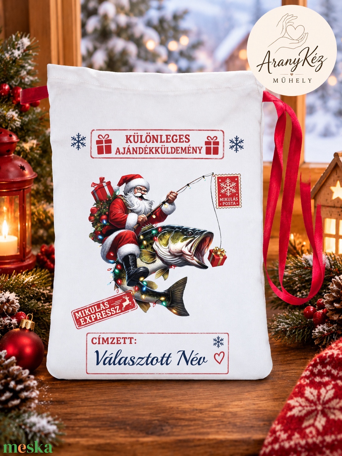 Névre szóló Mikulás zsák, Horgász télapó - karácsony - mikulás - mikulás zsák - Meska.hu