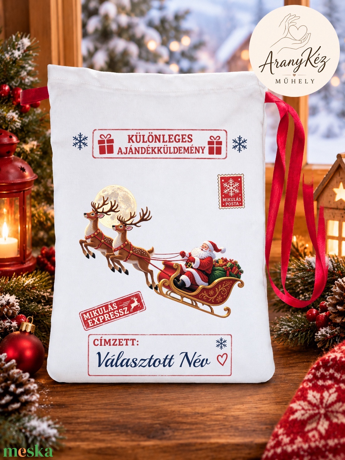 Névre szóló Mikulás zsák, Télapó szánon - karácsony - mikulás - mikulás zsák - Meska.hu