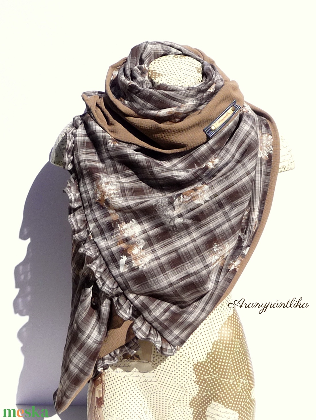 BARNÁK.  (dupla falú, hosszú fodros stóla/sál, csokibarna-mogyorószín)-Aranypántlika - ruha & divat - sál, sapka, kendő - stóla - Meska.hu