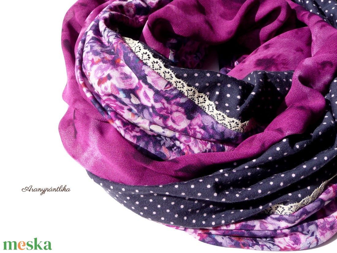 Pöttyös- virágos romantikus csősál csipkével (orgonalila-bíbor-sötétkék, vékonyabb) - ruha & divat - sál, sapka, kendő - sál - Meska.hu Pöttyös- virágos romantikus csősál csipkével (orgonalila-bíbor-sötétkék, vékonyabb) - ruha & divat - sál, sapka, kendő - sál - Meska.hu