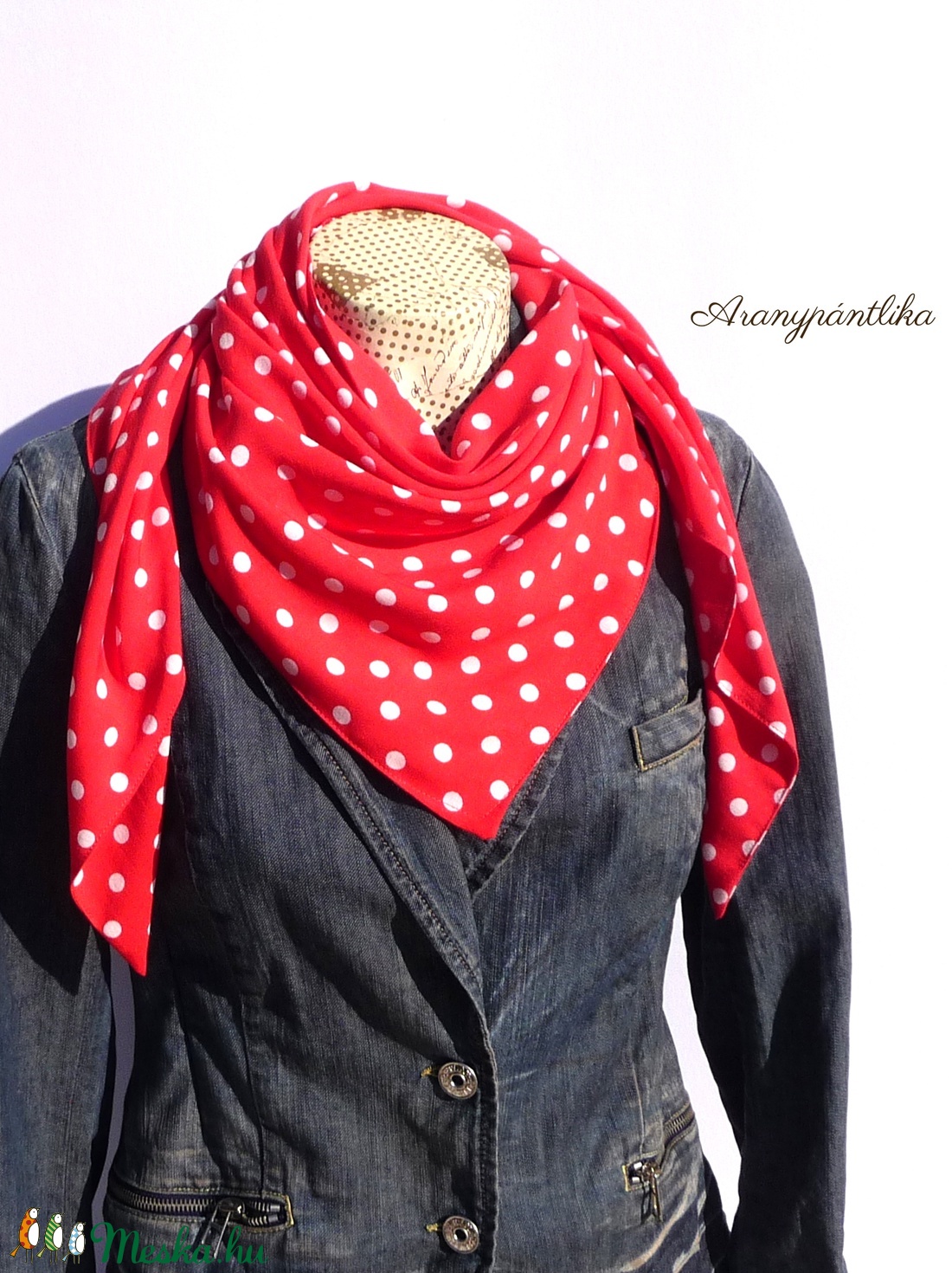 AKCIÓS: DOLLY piros-fehér pöttyös pamut kendő  -  - Meska.hu