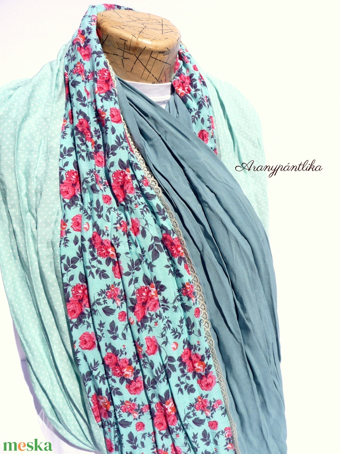 Menta-türkiz apró rózsás csipkés csősál - Aranypántlika - ruha & divat - sál, sapka, kendő - sál - Meska.hu