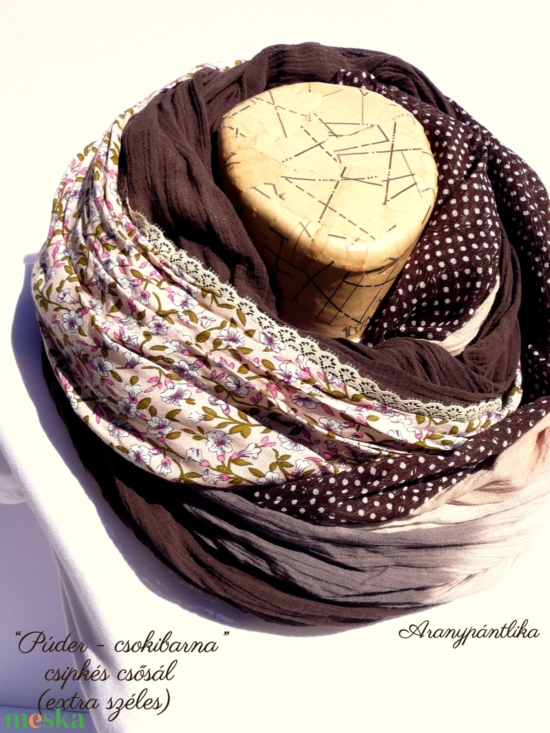 Púder-csokibarna extra széles csipkés csősál - Aranypántlika - ruha & divat - sál, sapka, kendő - sál - Meska.hu Púder-csokibarna extra széles csipkés csősál - Aranypántlika - ruha & divat - sál, sapka, kendő - sál - Meska.hu