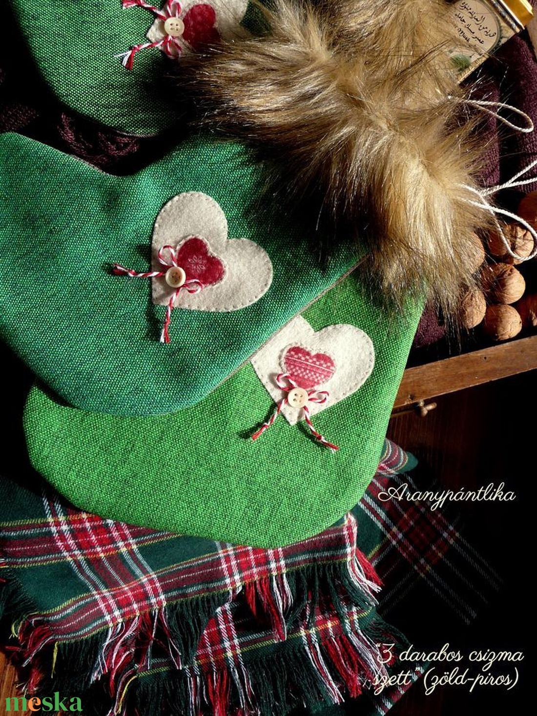 3 db szőrmés mikulás csizma (zöldek) - karácsony - mikulás - mikulás csizma és zokni - Meska.hu