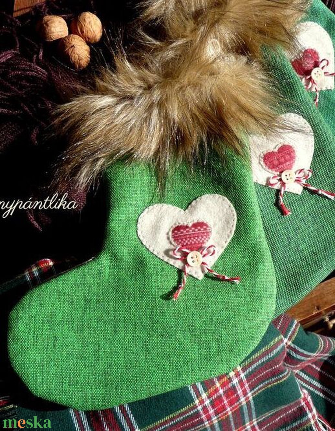 3 db szőrmés mikulás csizma (zöldek) - karácsony - mikulás - mikulás csizma és zokni - Meska.hu