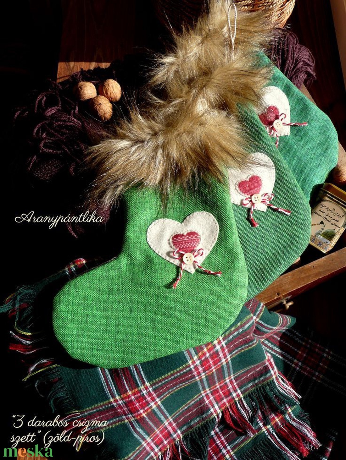 3 db szőrmés mikulás csizma (zöldek) - karácsony - mikulás - mikulás csizma és zokni - Meska.hu