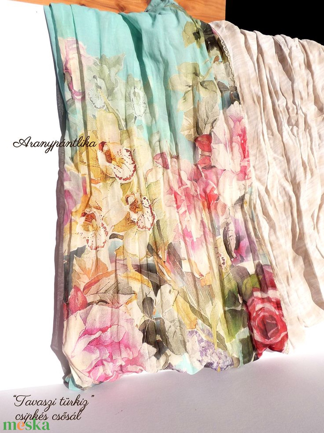 Tavaszi türkiz (Csipkés csősál, türkiz-vajszín-szürke) - Aranypántlika) - ruha & divat - sál, sapka, kendő - sál - Meska.hu