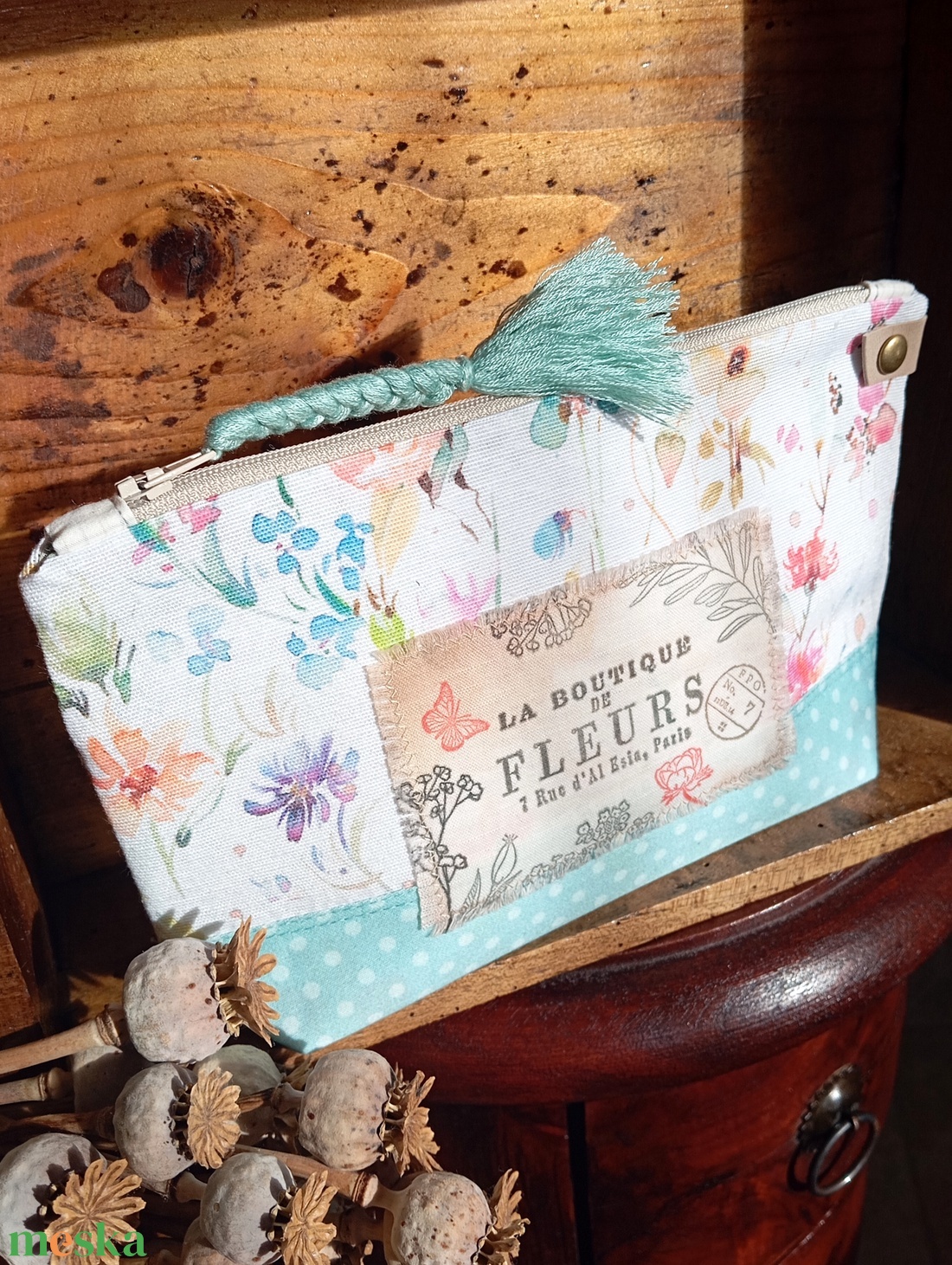 Tavaszi virágos neszeszer (menta pöttyös) - táska & tok - neszesszer - Meska.hu