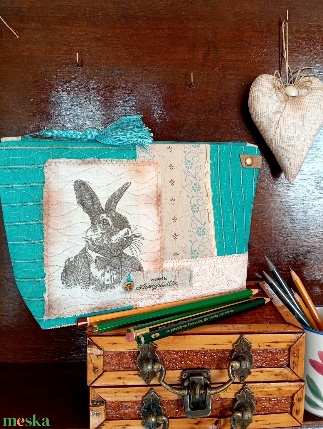 Nyuszis neszesszer (bézs-türkiz) - táska & tok - neszesszer - Meska.hu