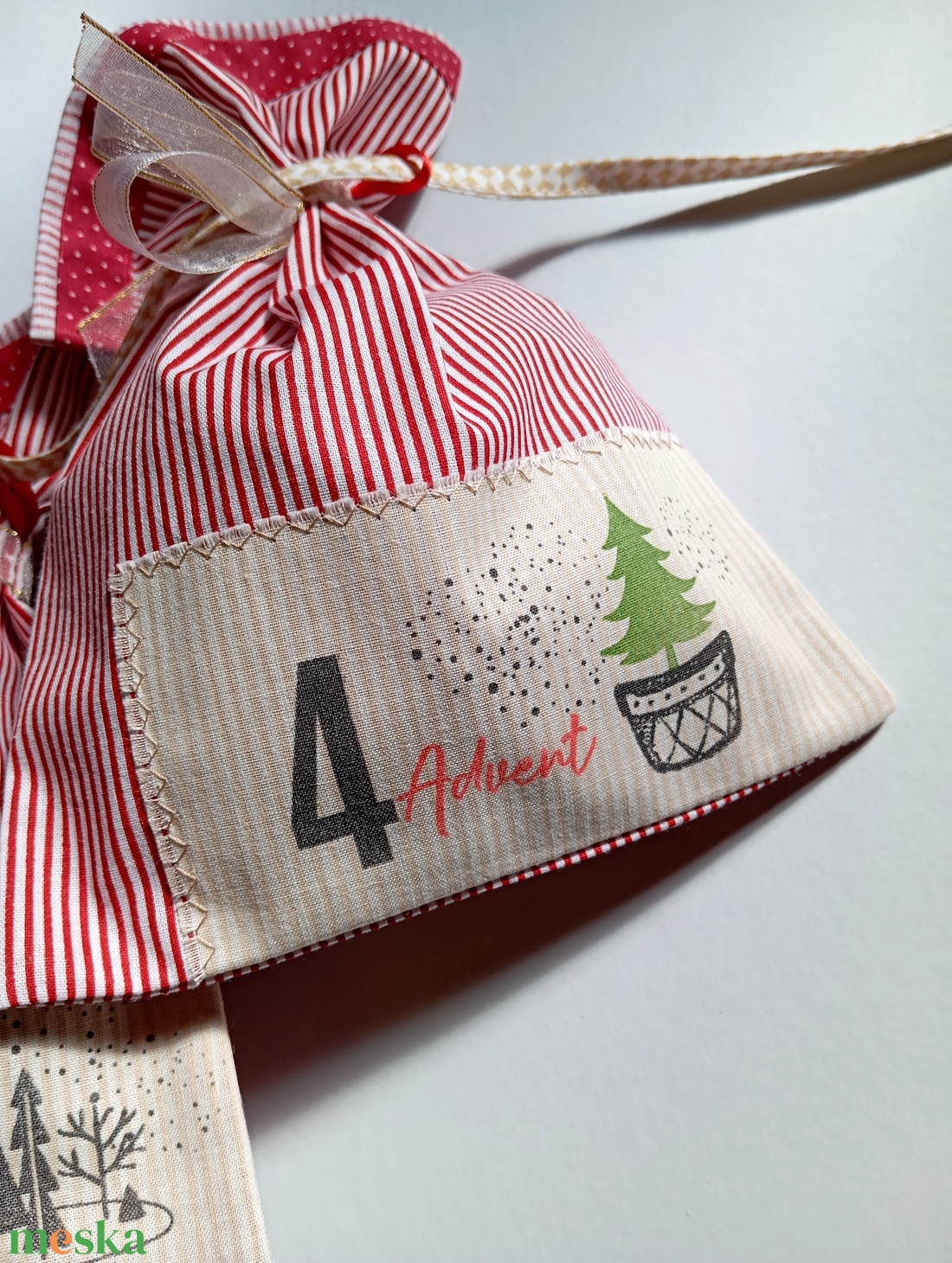 4 zsákos adventi naptár (piros csíkos) - karácsony - adventi díszek - adventi naptár - Meska.hu