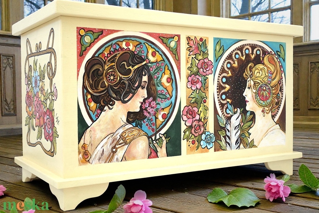 ALFONS MUCHA láda - Szecessziós Tulipános Láda  - otthon & életmód - bútor - más bútor - Meska.hu