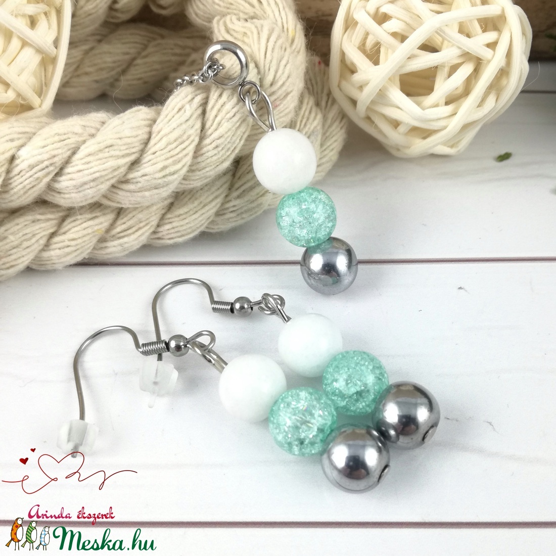 Gondoskodás menta hegyikristály hematit jade ásvány nyaklánc fülbevaló orvosi fém nemesacél szerelékkel - ékszer - ékszerszett - Meska.hu