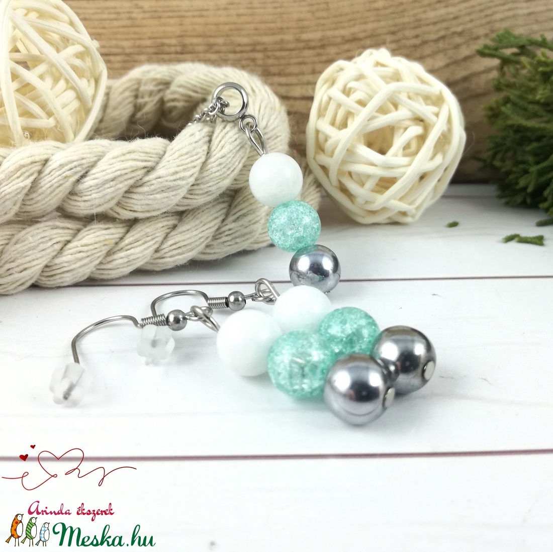 Gondoskodás menta hegyikristály hematit jade ásvány nyaklánc fülbevaló orvosi fém nemesacél szerelékkel - ékszer - ékszerszett - Meska.hu